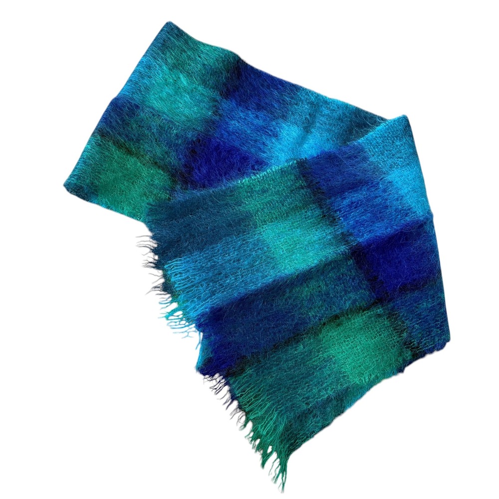Whitley Willows Mohair Wool Scarf Blue Green Plaid Made in Great Britain Preppy